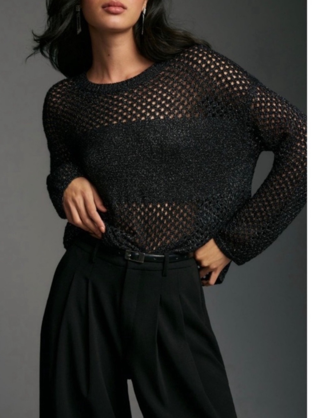 Anthropologie Pilcro Black Metallic Open Stitch Pullover Sweater Size: XS